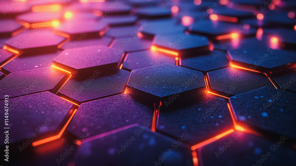 Poster a close up of a black and orange hexagonal pattern. the pattern is made up of small squares and is i