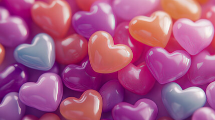 Obraz premium Colorful heart-shaped candies with glossy surface in pink, purple, and orange tones