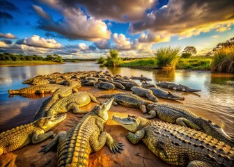 Panoramic View of 45 Isolated Crocodiles in a Natural Habitat