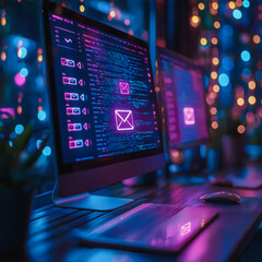 A computer monitor displays a glowing image of an email. The computer is surrounded by other computer equipment, including a laptop and a mouse. Scene is one of technology and productivity