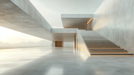 Obraz premium Modern concrete house, illuminated stairs, mountain view.