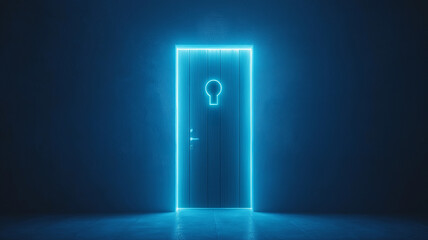 A blue door with a glowing keyhole