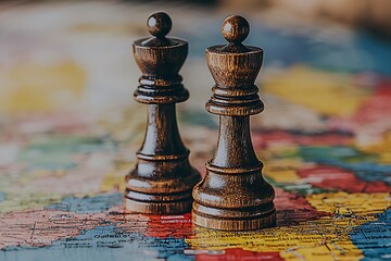 Fototapeta premium Two Dark Wooden Chess Kings Standing on a Colorful World Map, Representing Global Strategy and Competition.
