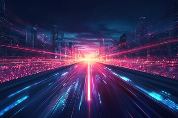 Obraz premium Futuristic Highway Leading to a Vibrant Cityscape at Night.