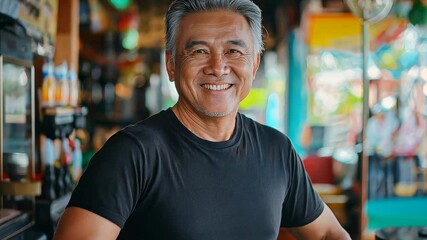 smiling Thai middle age man at his local grocery shop 