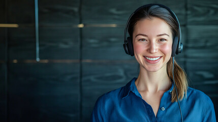 Smiling female call center agent wearing headphones in a blue shirt