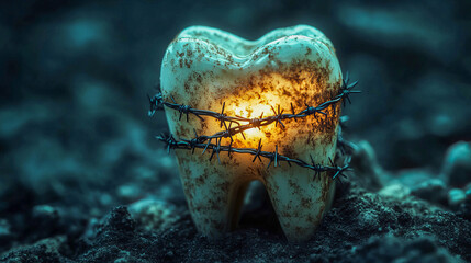 Glowing tooth wrapped in barbed wire on dark earthy surface