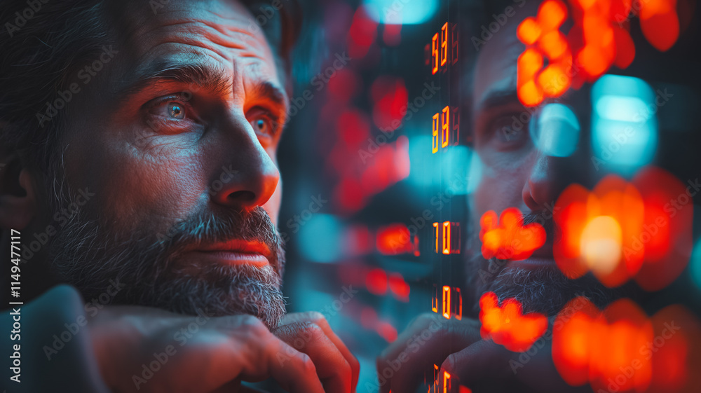 Poster a man with a beard looking at a screen with numbers on it. the numbers are red and the man is lookin