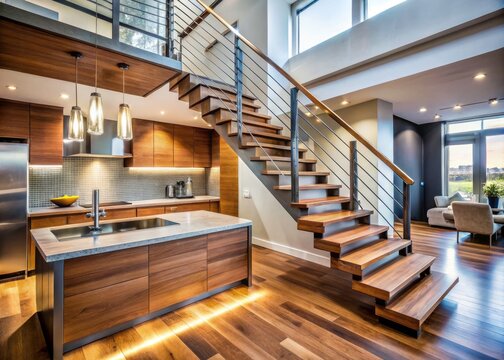Modern Minimalist Wooden Staircase Kitchen Interior Design Macro Photography