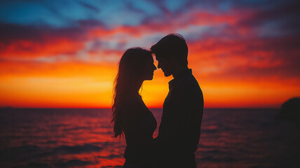 Fototapeta premium A couple is kissing in the ocean at sunset. The man is wearing a white shirt and the woman is wearing a white shirt