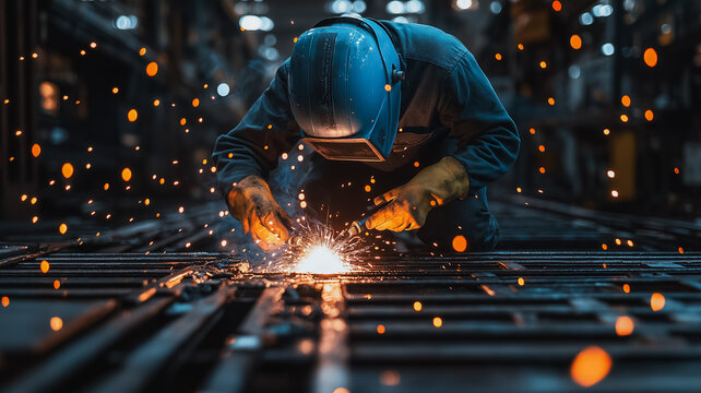 A man in a blue helmet is working on a piece of metal