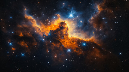 A starry sky with a bright orange cloud in the middle