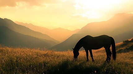 Obraz premium Silhouetted Horse Grazing in Mountain Sunset Meadow