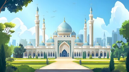 luxurious and magnificent mosque building, with a large and beautiful garden