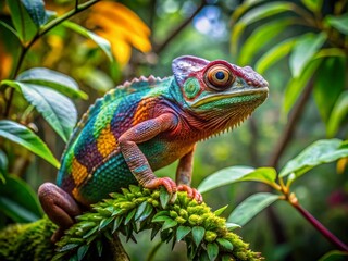 Fototapeta premium Panoramic View of Chameleon in Vibrant Tropical Habitat