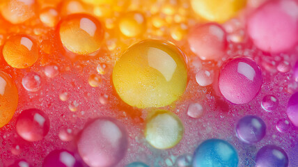 A colorful image of many small, round, colorful droplets of water. The droplets are of different colors, creating a vibrant and lively scene. Concept of joy and playfulness