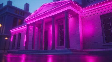 Fototapeta premium A building with pink lights on it. The building is a bank