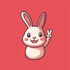 A white cartoon rabbit with large ears making a peace sign gesture against a bright pink background