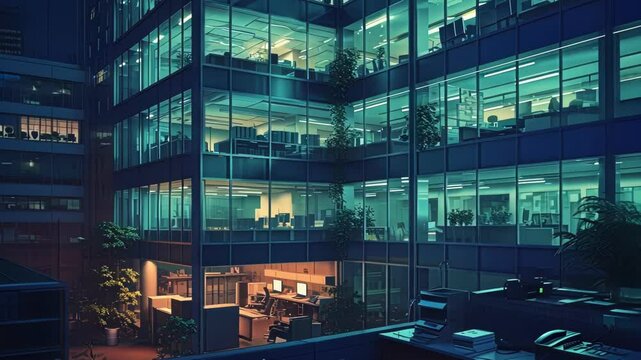 Sleek corporate workspace bathed in soft nighttime illumination, highlighting contemporary architectural design through empty, serene office interior with ambient lighting