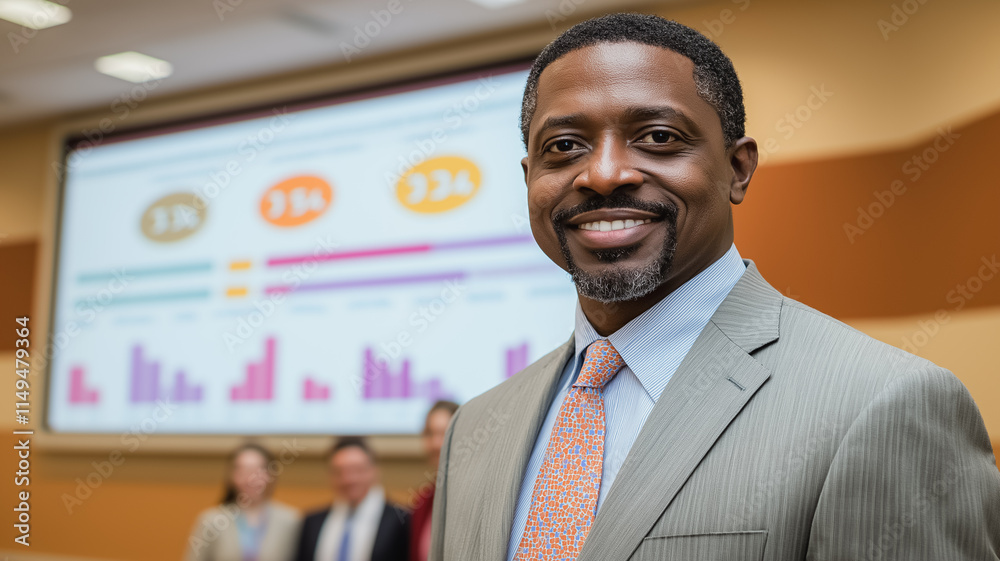Poster a man in a suit and tie is smiling in front of a large screen with a graph on it