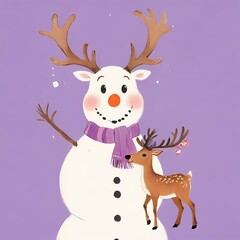Naklejka premium Snowy Scene: A White Snowman with a Scarf and a Light Brown Deer
