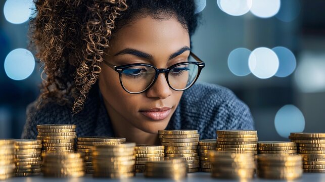 Female retiree evaluating pension fund options with a trusted advisor Stock Photo with side copy space
