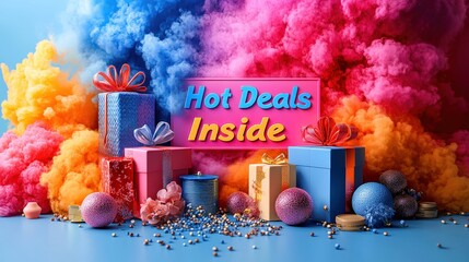 Discover vibrant promotions with colorful decorations surrounded by festive elements and delightful surprises waiting to be uncovered