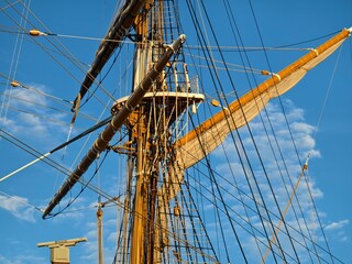 Ropes stretched across the masts of an old ship