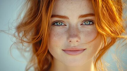 Naklejka premium Portrait of young caucasian female with red hair and freckles