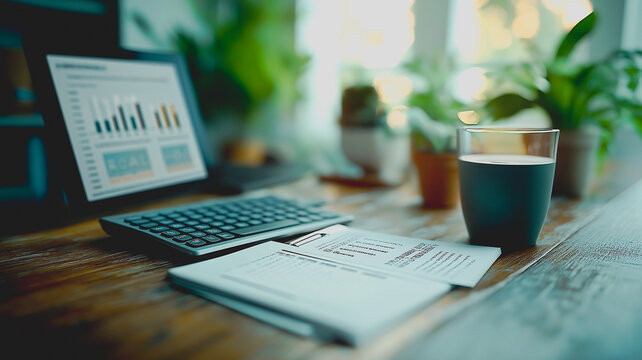 A laptop is on a desk with a cup of coffee next to it - Powered by Adobe