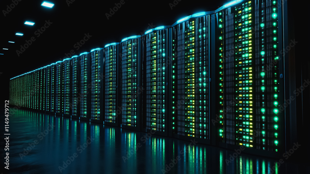 Poster a row of computer servers are lit up in green and yellow. the servers are lined up in a row and are 