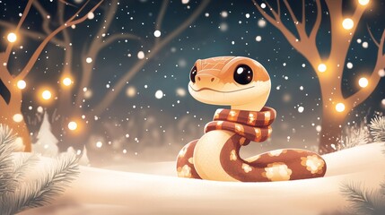 A snake in a scarf against a winter scenery