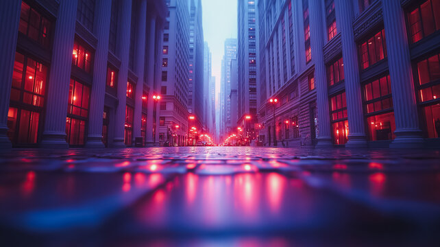 A city street with a lot of red lights and buildings
