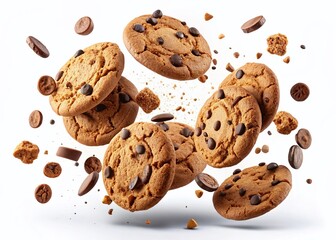 Panoramic View of Flying Chocolate Cookies Isolated on White
