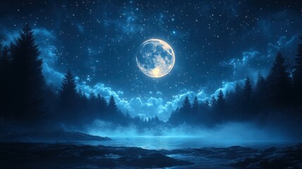 Full moon, starry night, misty lake, dark forest.