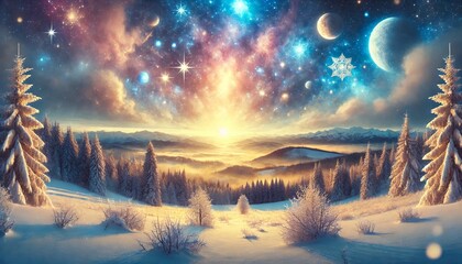 Fototapeta premium A Wide Winter Landscape Featuring a Magical and Mystical Starry Sky with Fantastical Hues
