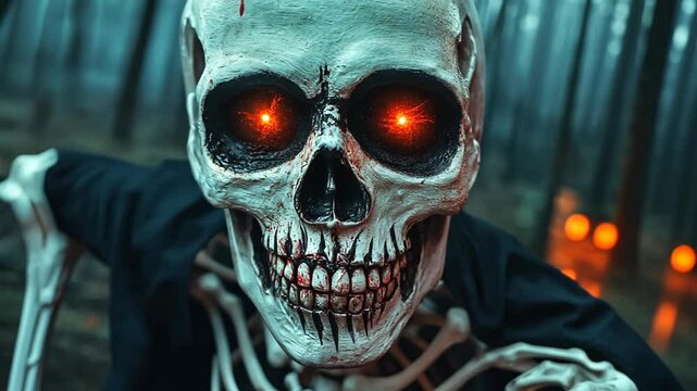 close up face of skeleton with glow red eyes smiling at dim dark light forest