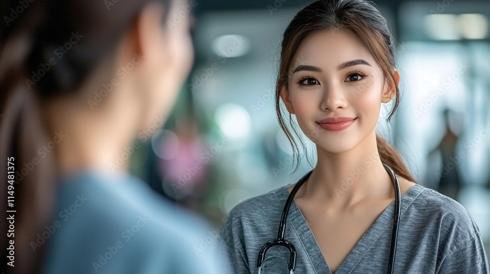 Poster female patient undergoing a routine checkup with a stethoscope placed on her chest stock photo with 