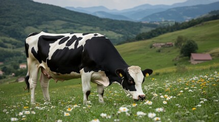 A black and white cow grazing in a meadow filled with wildflowers against a scenic backdrop.