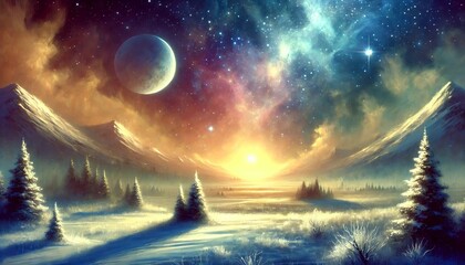 Obraz premium A serene fantasy winter landscape with a magical starry sky and a distant mystical planet in a harmonious blend of winter tones and warm pastels.