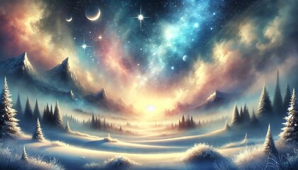 Naklejka premium A tranquil winter scene featuring a vivid starry sky with soft pastel hues, enchanting celestial glow, and mystical mountains blending into a fantasy atmosphere