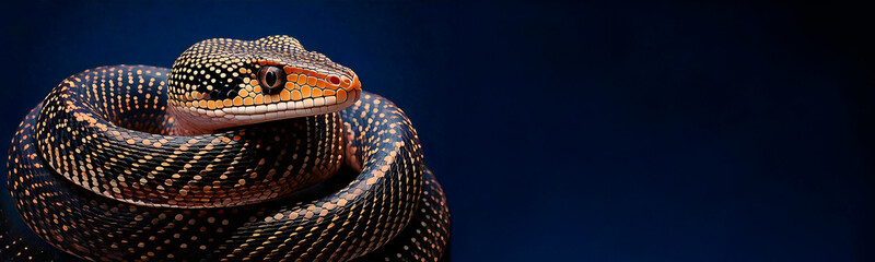 A striking card template featuring a vibrant snake with intricate, shimmering scales, perfect for celebrating the Lunar New Year 2025, the Year of the Snake, in an elegant and festive style.