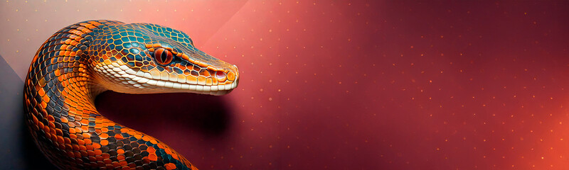 A striking card template featuring a vibrant snake with intricate, shimmering scales, perfect for celebrating the Lunar New Year 2025, the Year of the Snake, in an elegant and festive style.