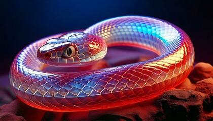 A vibrant, iridescent snake symbolizing the Year of the Snake 2025, blending traditional New Year themes with modern, surreal aesthetics in a colorful and festive setting.