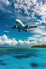 stock photo of commercial airplane flying over tropical island with vibrant blue ocean below and...