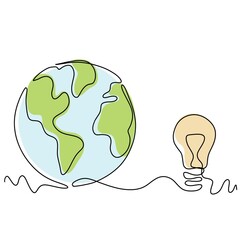 Green Earth line art illustration. Continuous line art drawing. Sustainable of Green Energy concept. Line art illustration.