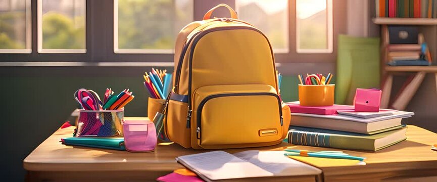 A colorful backpack overflowing with vibrant school supplies