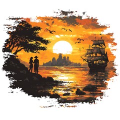 Silhouetted Couple Watching a Sunset with a Sailing Ship and Cityscape.