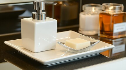 Stylish Modern Bathroom Soap Dispenser and Dish Setup
