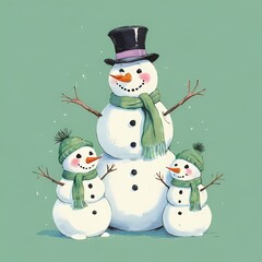 Snowy Winter Scene with Three Adorable Snowmen in Hats and Scarves Against a Vibrant Green Background